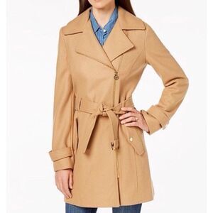 Michael Kors Asymmetrical Belted Walker Coat Wool Blend Camel Gold hardware